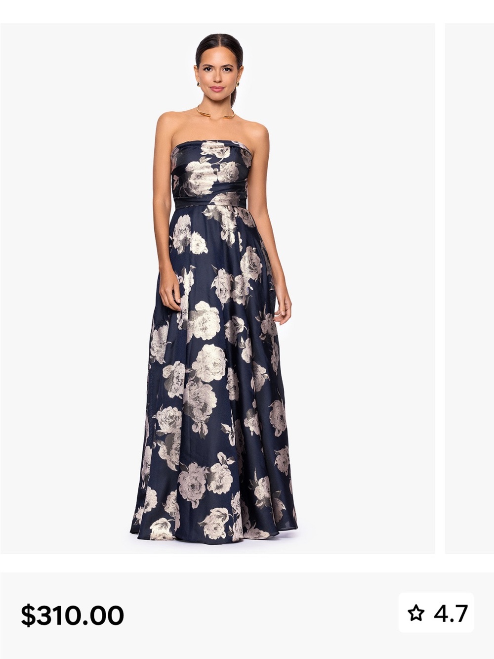 Betsy & Adam Navy Strapless Floral Satin Gown with Silver Roses